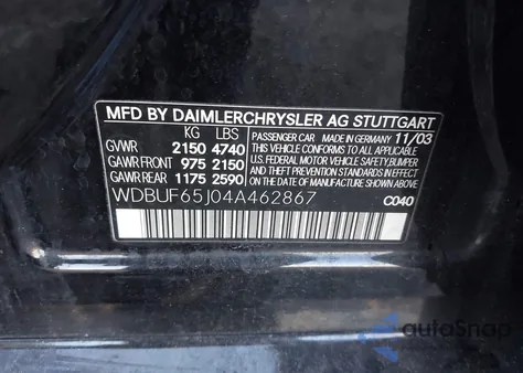 2004 Mercedes-Benz E 320 из США, поврежденный, VIN WDBUF65J04A462867